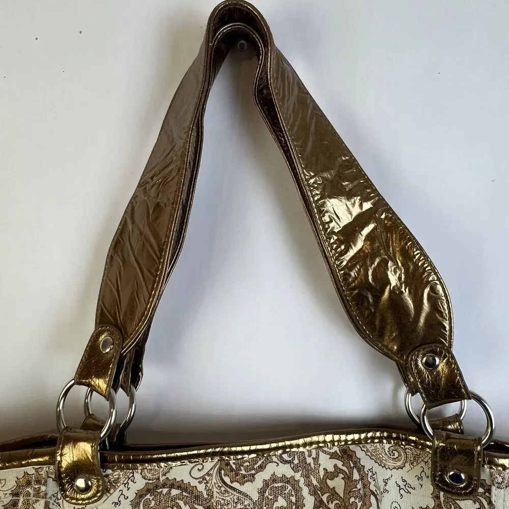 Metallic Trimmed Handbag Copper Gold Cream Paisley Tote Pocketbook Bag